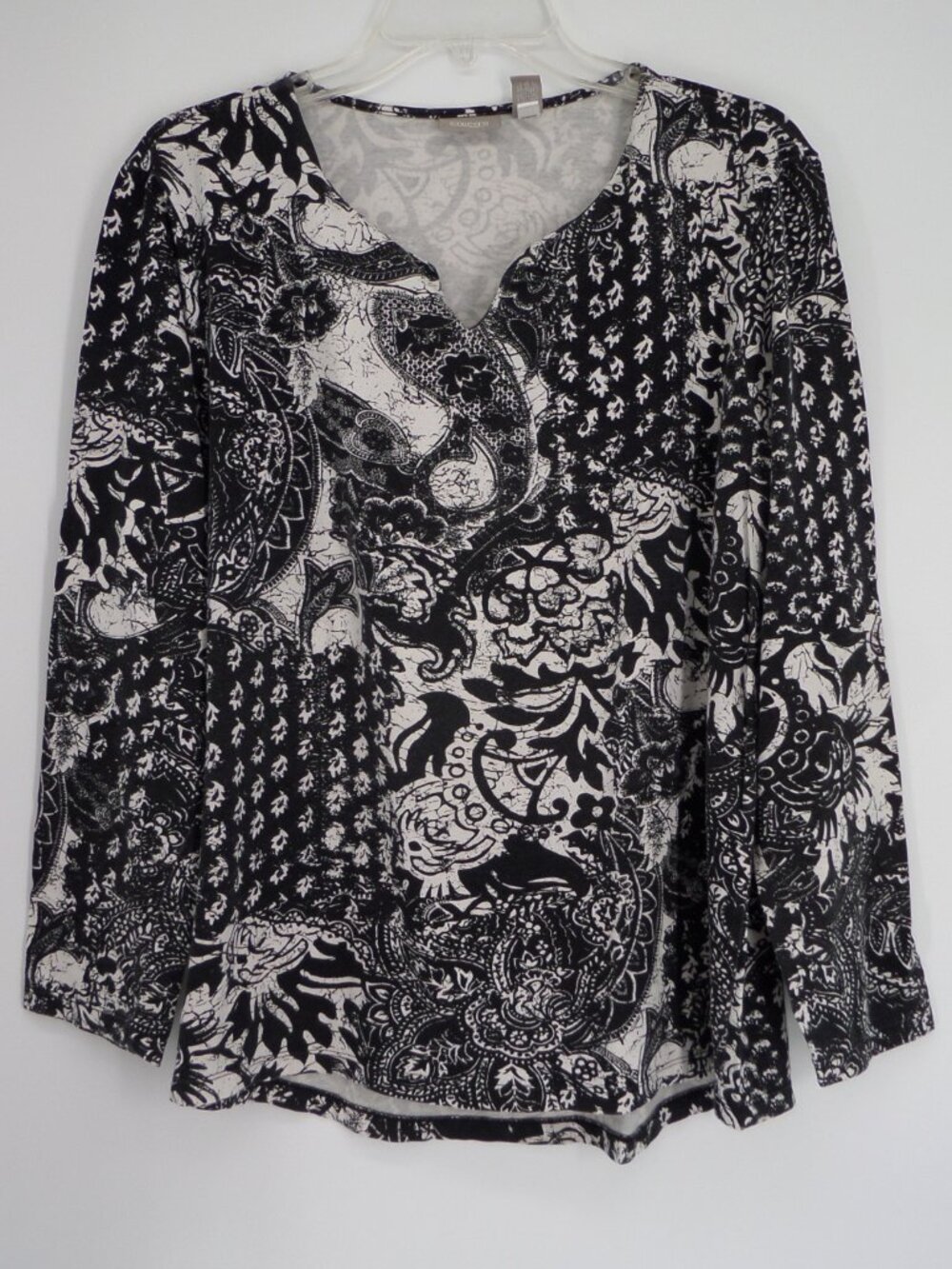 Chico's  Women's Long Sleeve  Black n White Paisley Print  Top  Size 3 US XL